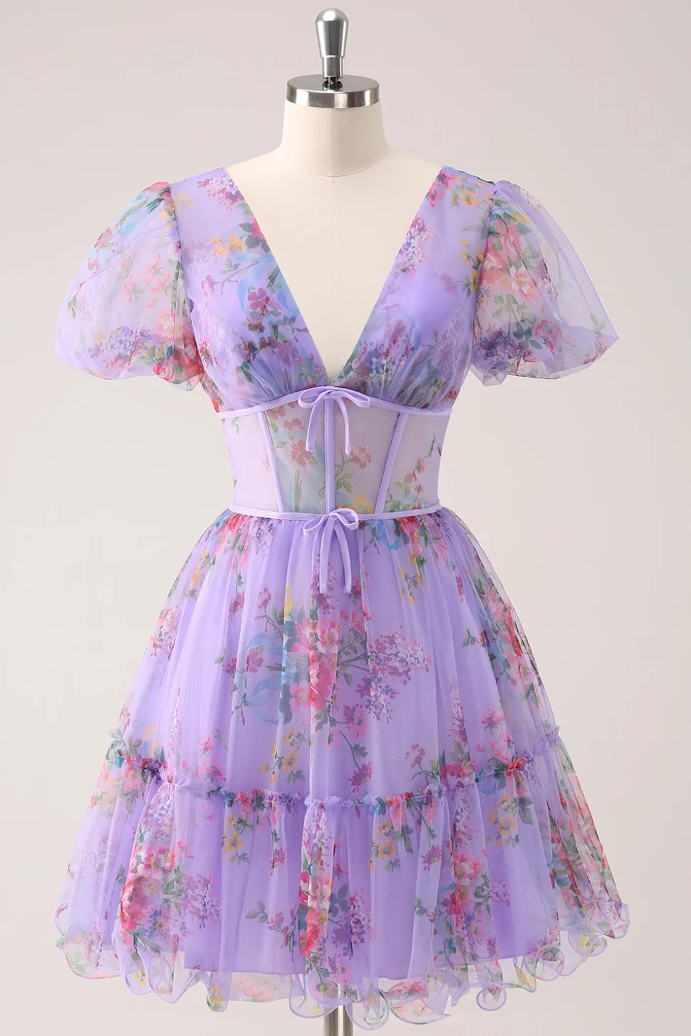 Roxo A-Line V Neck Corset Vestido Curto Floral Homecoming com renda para trás