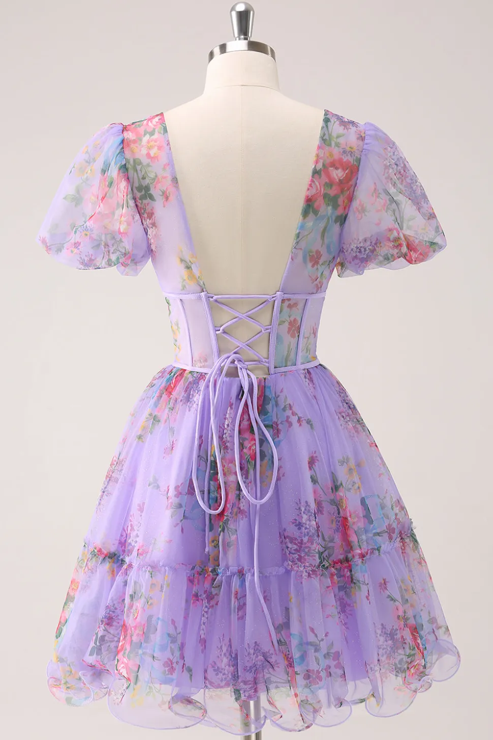 Roxo A-Line V Neck Corset Vestido Curto Floral Homecoming com renda para trás