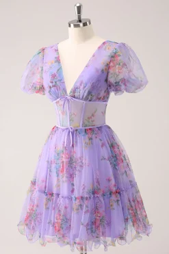 Roxo A-Line V Neck Corset Vestido Curto Floral Homecoming com renda para trás