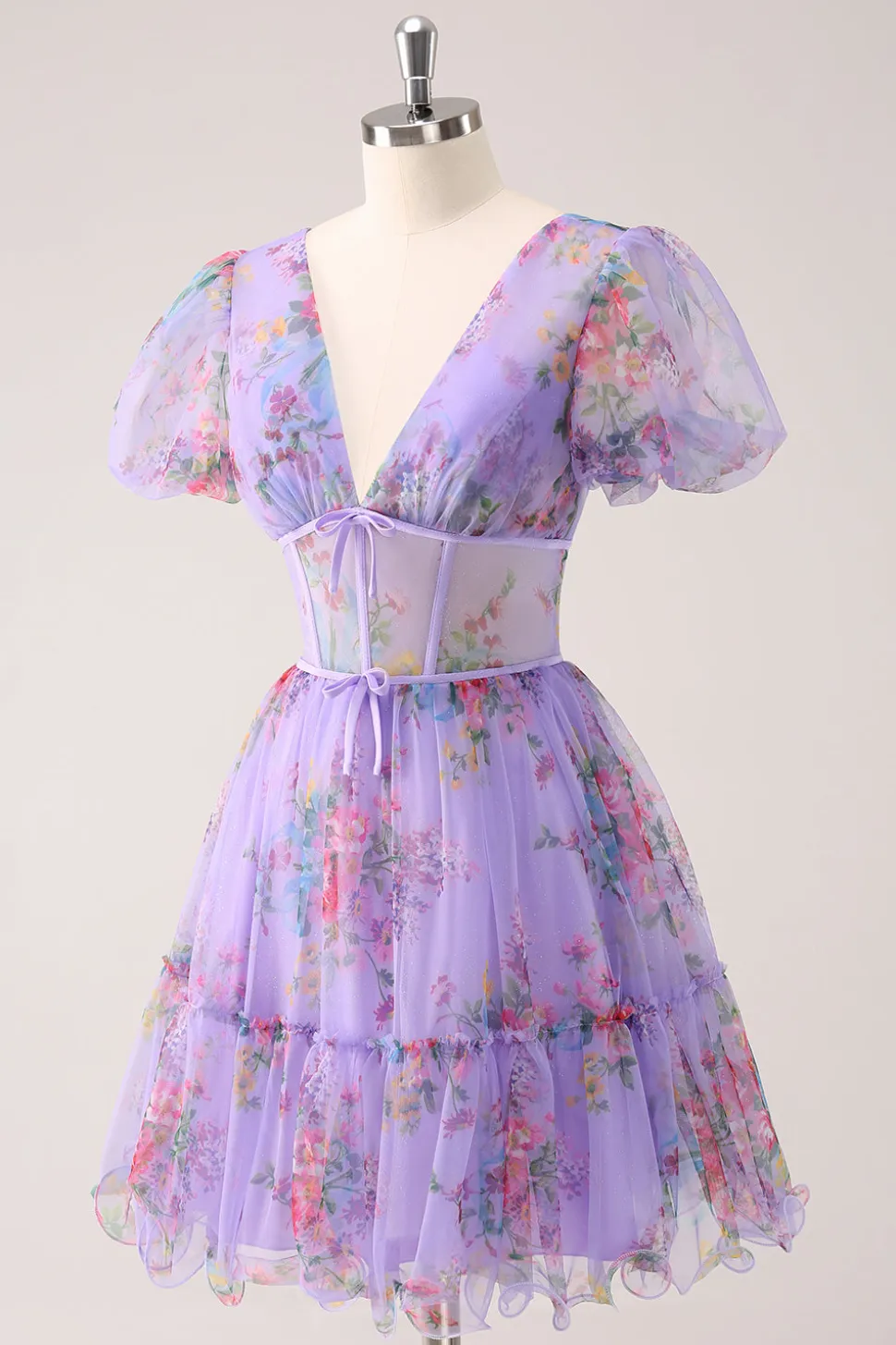 Roxo A-Line V Neck Corset Vestido Curto Floral Homecoming com renda para trás