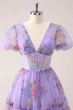 Roxo A-Line V Neck Corset Vestido Curto Floral Homecoming com renda para trás