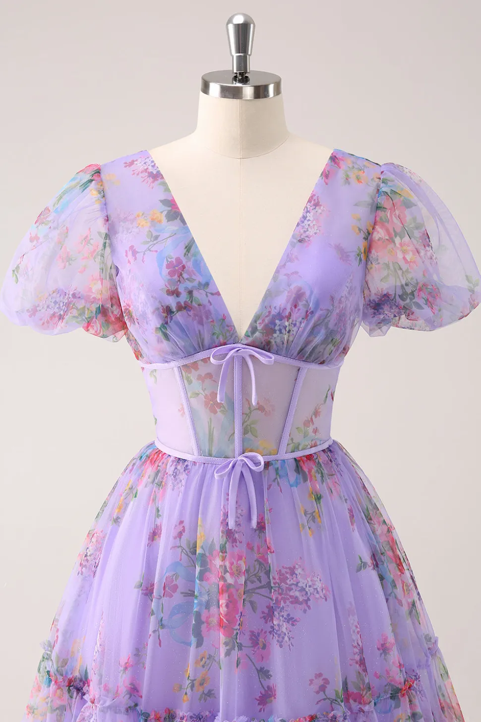 Roxo A-Line V Neck Corset Vestido Curto Floral Homecoming com renda para trás