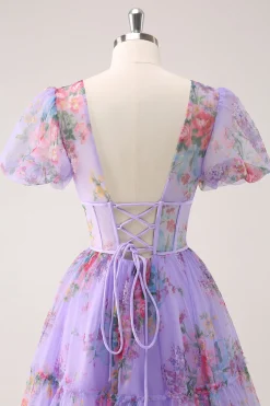 Roxo A-Line V Neck Corset Vestido Curto Floral Homecoming com renda para trás