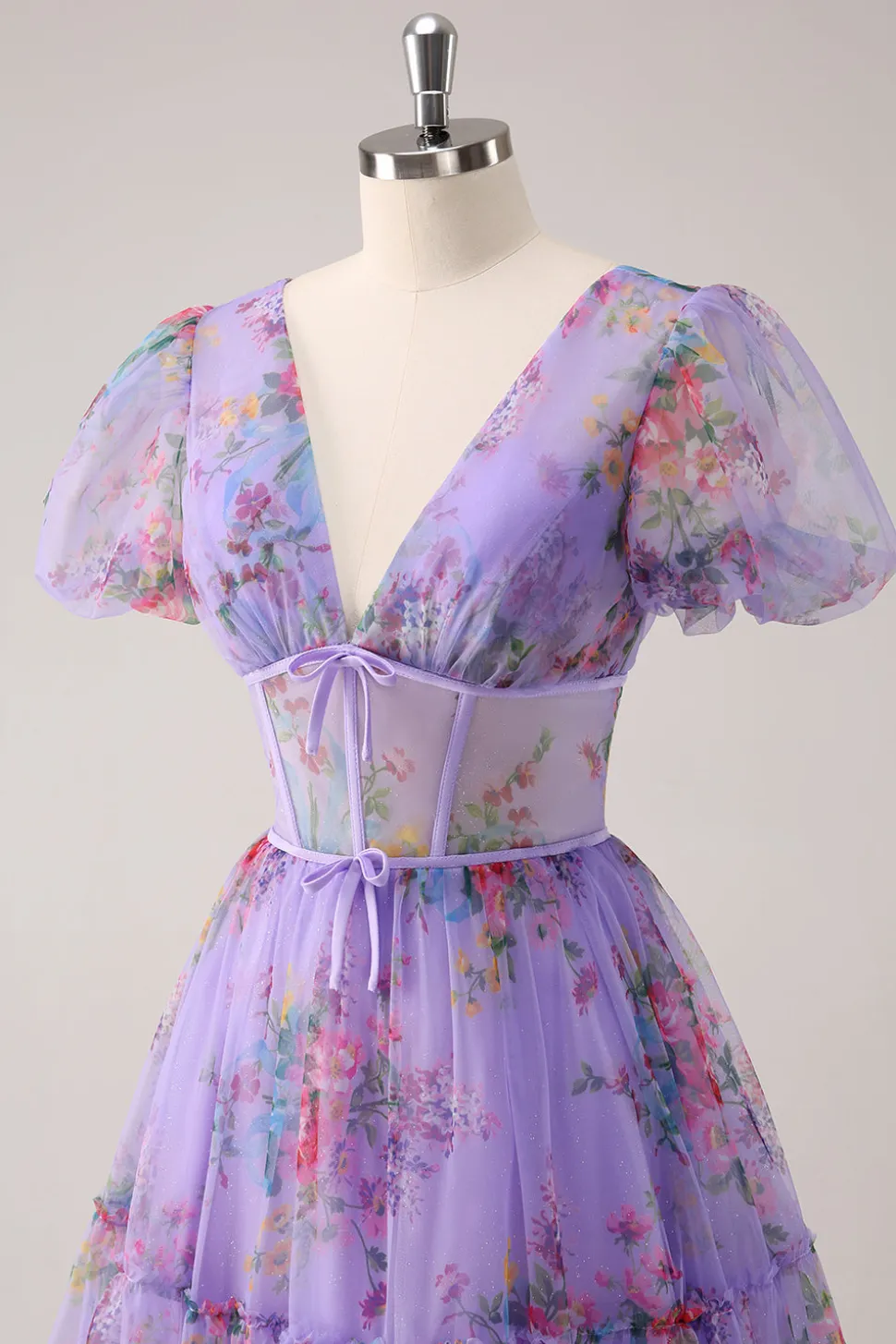 Roxo A-Line V Neck Corset Vestido Curto Floral Homecoming com renda para trás