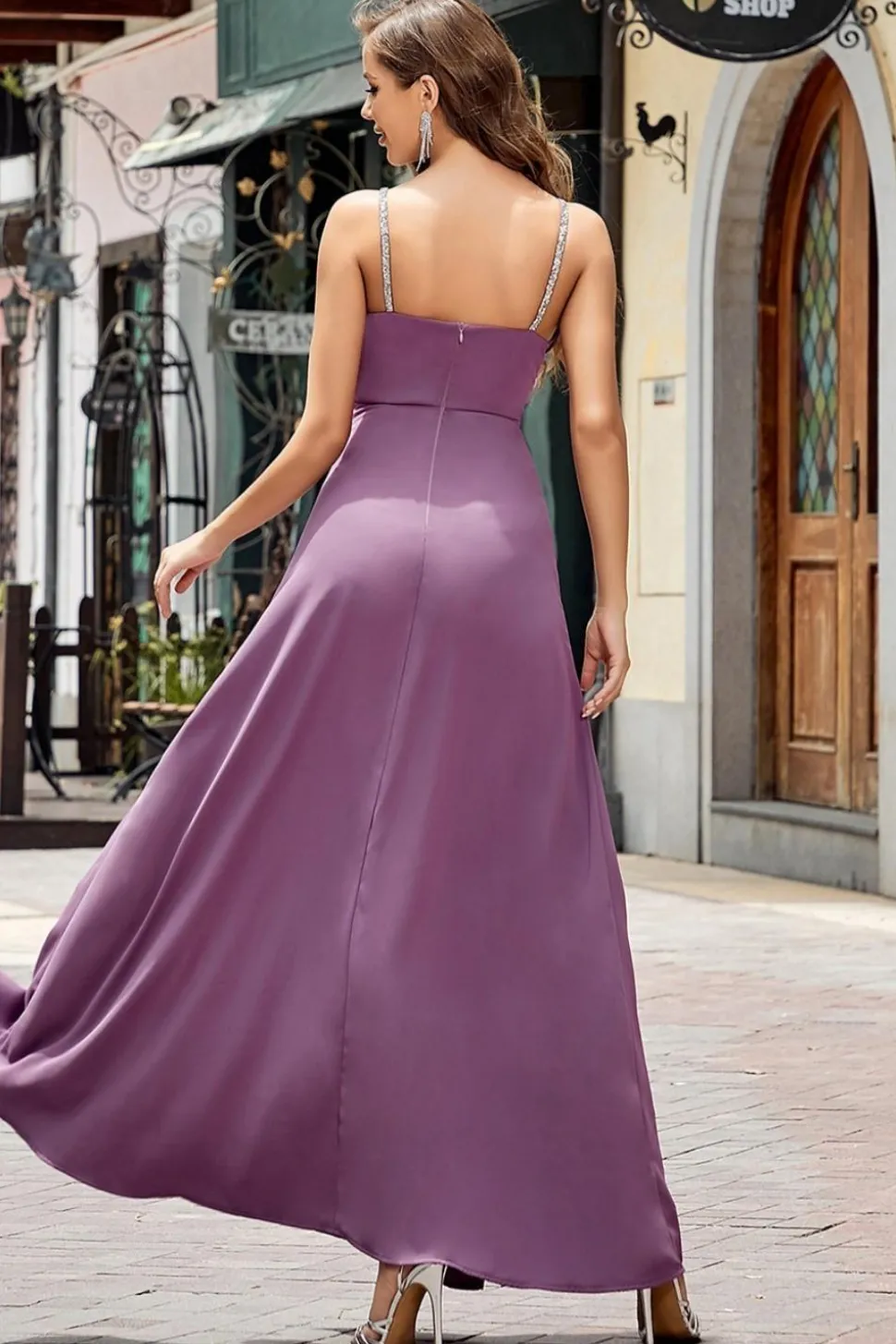 Roxo Bodycon Esparguete Correias Long Prom Dress com Split