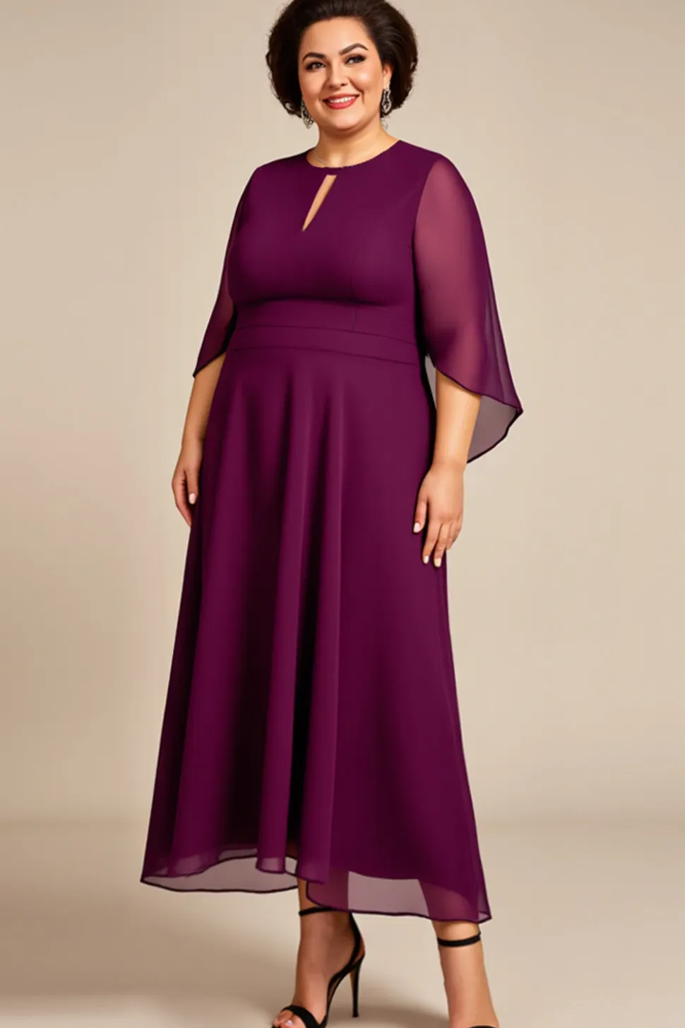 Roxo Chiffon Linha-A Tamanhos Grandes Decote Redondo Longos Vestido Mae Noiva