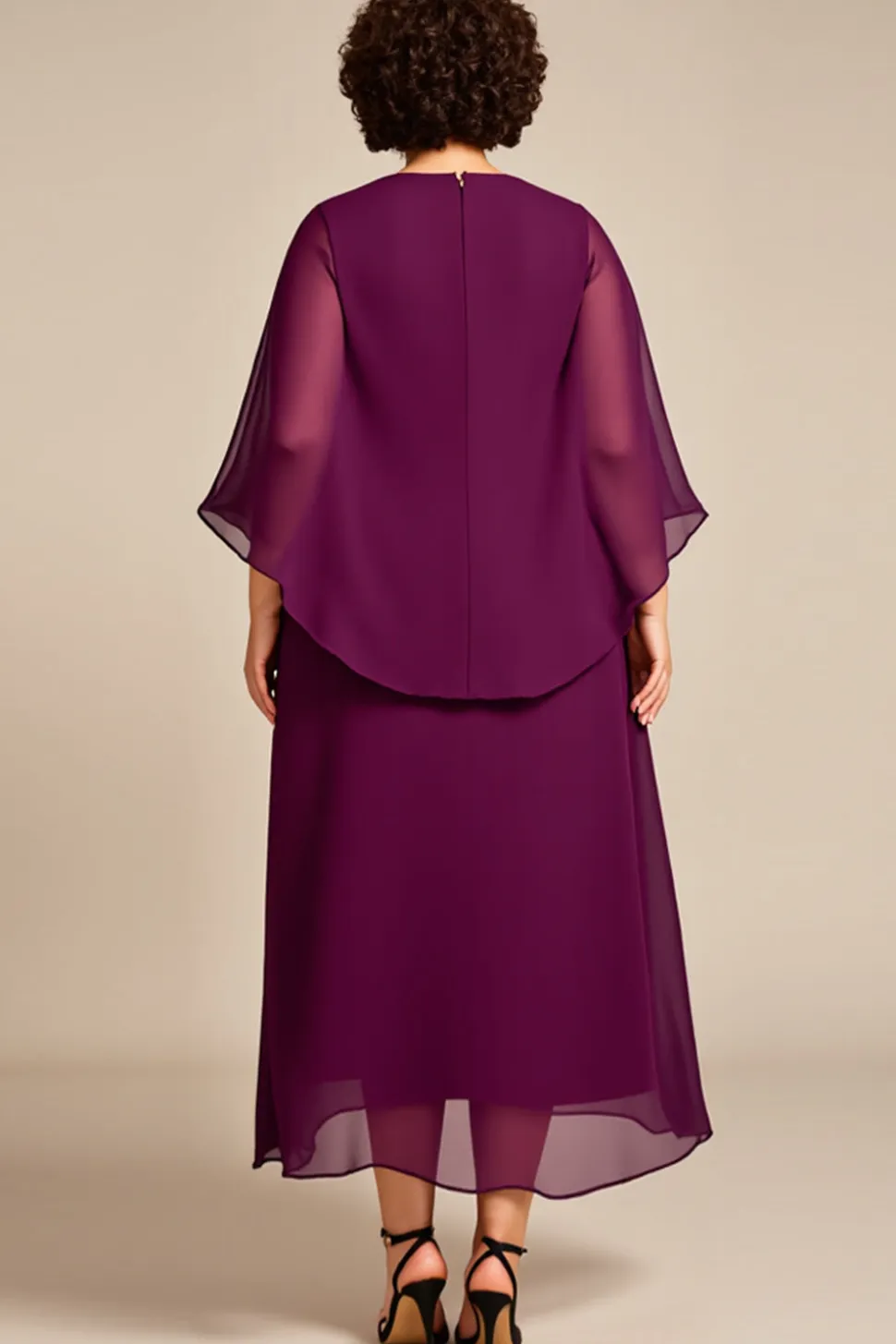 Roxo Chiffon Linha-A Tamanhos Grandes Decote Redondo Longos Vestido Mae Noiva