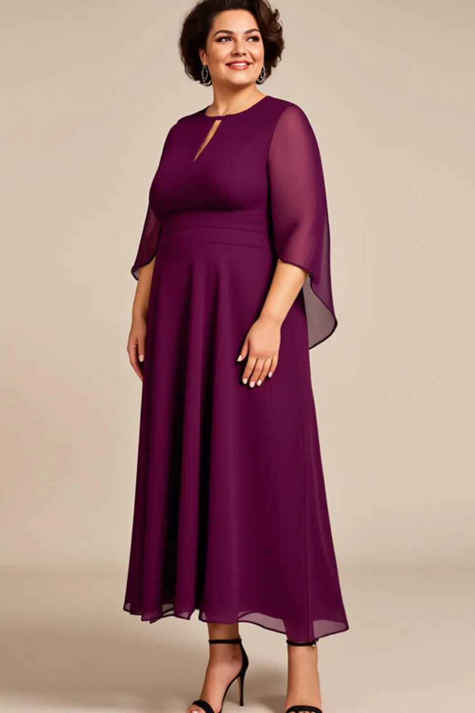 Roxo Chiffon Linha-A Tamanhos Grandes Decote Redondo Longos Vestido Mae Noiva