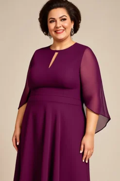 Roxo Chiffon Linha-A Tamanhos Grandes Decote Redondo Longos Vestido Mae Noiva
