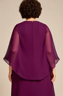 Roxo Chiffon Linha-A Tamanhos Grandes Decote Redondo Longos Vestido Mae Noiva