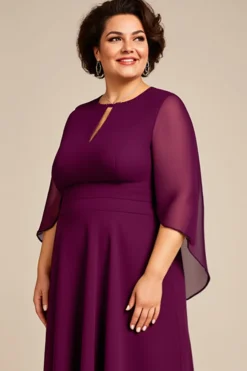 Roxo Chiffon Linha-A Tamanhos Grandes Decote Redondo Longos Vestido Mae Noiva