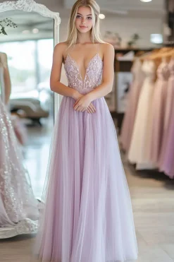 Roxo claro Uma linha de tule espaguete alças vestido de baile com renda