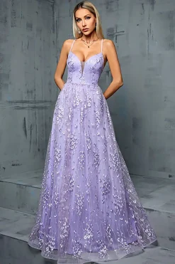 Roxo claro Uma linha espaguete correias tule vestido de baile