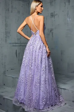 Roxo claro Uma linha espaguete correias tule vestido de baile