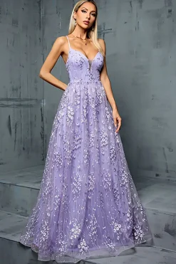 Roxo claro Uma linha espaguete correias tule vestido de baile