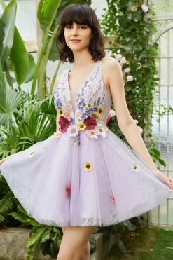 Roxo Deep V Neck Open Back Homecoming Vestido Com Flores 3D