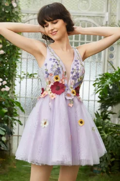 Roxo Deep V Neck Open Back Homecoming Vestido Com Flores 3D