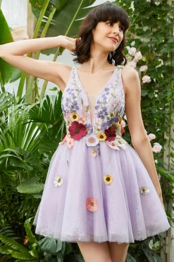 Roxo Deep V Neck Open Back Homecoming Vestido Com Flores 3D