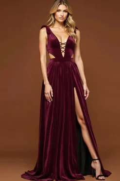 Roxo escuro A-Line Deep V Neck Long Prom Dress com fenda