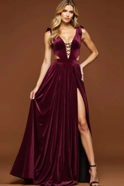 Roxo escuro A-Line Deep V Neck Long Prom Dress com fenda