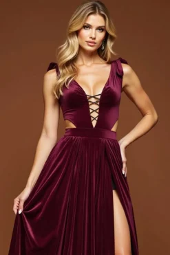 Roxo escuro A-Line Deep V Neck Long Prom Dress com fenda