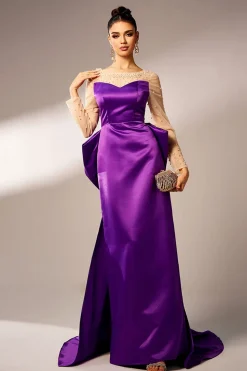 Roxo escuro Sereia Ilusão Pescoço Mangas Longas Pérolas Cetim Vestido Formal com Arco