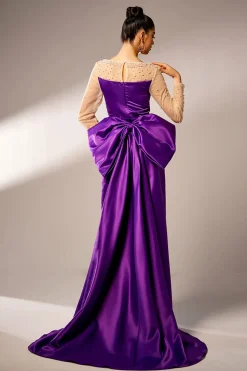 Roxo escuro Sereia Ilusão Pescoço Mangas Longas Pérolas Cetim Vestido Formal com Arco