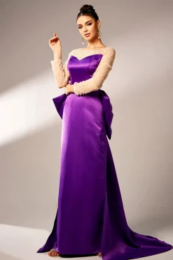Roxo escuro Sereia Ilusão Pescoço Mangas Longas Pérolas Cetim Vestido Formal com Arco