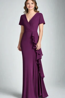 Roxo Escuro Sereia V Pescoço Mangas Curtas Folhos Chiffon Longo Mãe do Vestido da Noiva