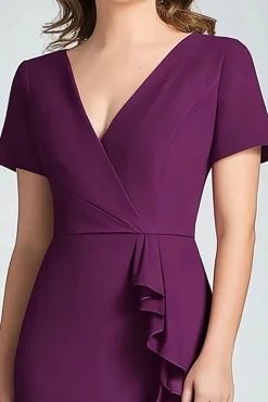 Roxo Escuro Sereia V Pescoço Mangas Curtas Folhos Chiffon Longo Mãe do Vestido da Noiva