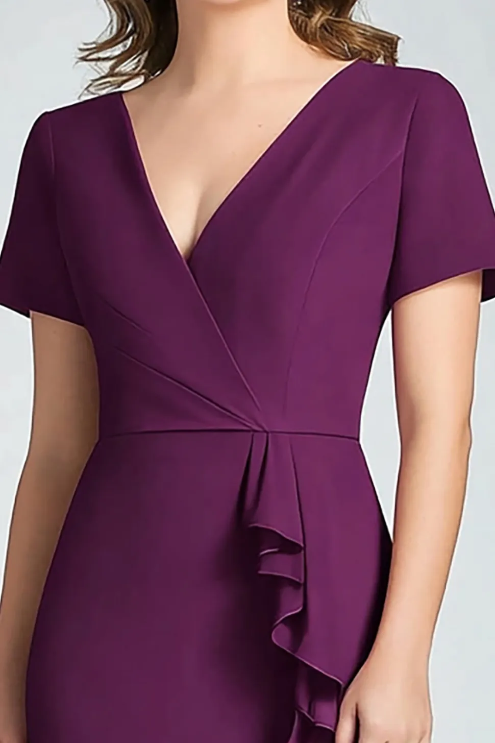 Roxo Escuro Sereia V Pescoço Mangas Curtas Folhos Chiffon Longo Mãe do Vestido da Noiva