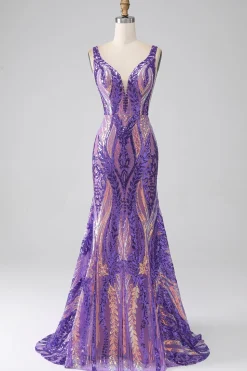 Roxo Escuro Sereia V Pescoço Sequins Long Prom Dress