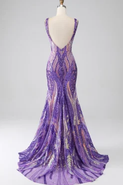Roxo Escuro Sereia V Pescoço Sequins Long Prom Dress