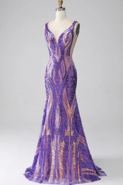 Roxo Escuro Sereia V Pescoço Sequins Long Prom Dress