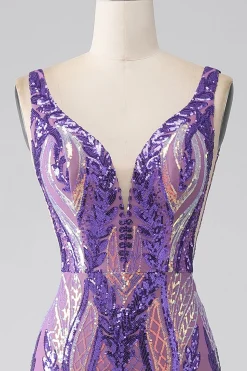 Roxo Escuro Sereia V Pescoço Sequins Long Prom Dress
