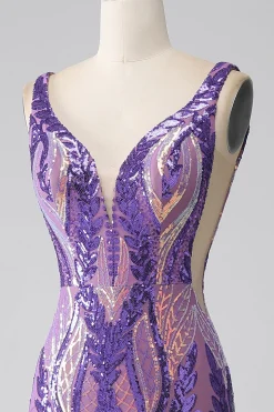 Roxo Escuro Sereia V Pescoço Sequins Long Prom Dress