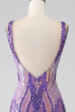 Roxo Escuro Sereia V Pescoço Sequins Long Prom Dress
