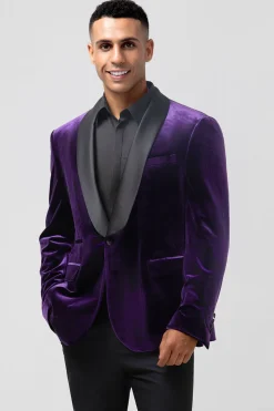 Roxo Escuro Xale Lapela Um Botão Masculino Prom Blazer
