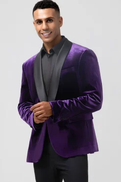 Roxo Escuro Xale Lapela Um Botão Masculino Prom Blazer