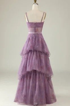 Roxo Estampado A Line Vestido de Baile