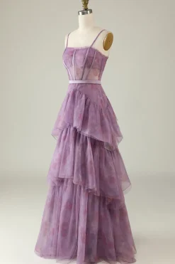 Roxo Estampado A Line Vestido de Baile