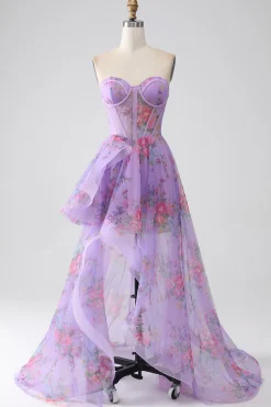 roxo estampado espartilho sem alças vestido de baile