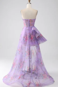 roxo estampado espartilho sem alças vestido de baile