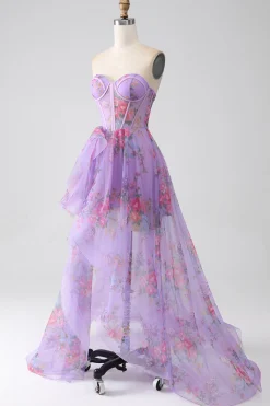 roxo estampado espartilho sem alças vestido de baile