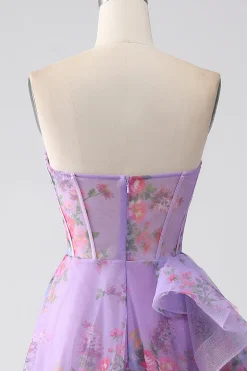 roxo estampado espartilho sem alças vestido de baile
