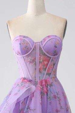 roxo estampado espartilho sem alças vestido de baile
