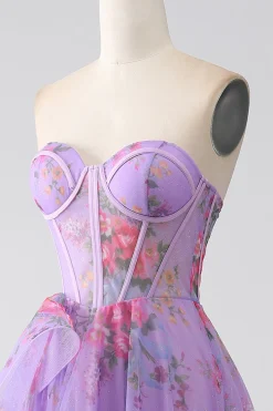 roxo estampado espartilho sem alças vestido de baile