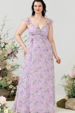 Roxo Floral Estampado Vestido de Dama de Honor
