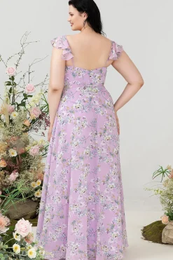 Roxo Floral Estampado Vestido de Dama de Honor