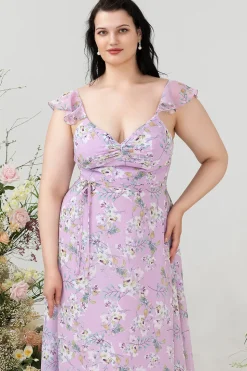 Roxo Floral Estampado Vestido de Dama de Honor